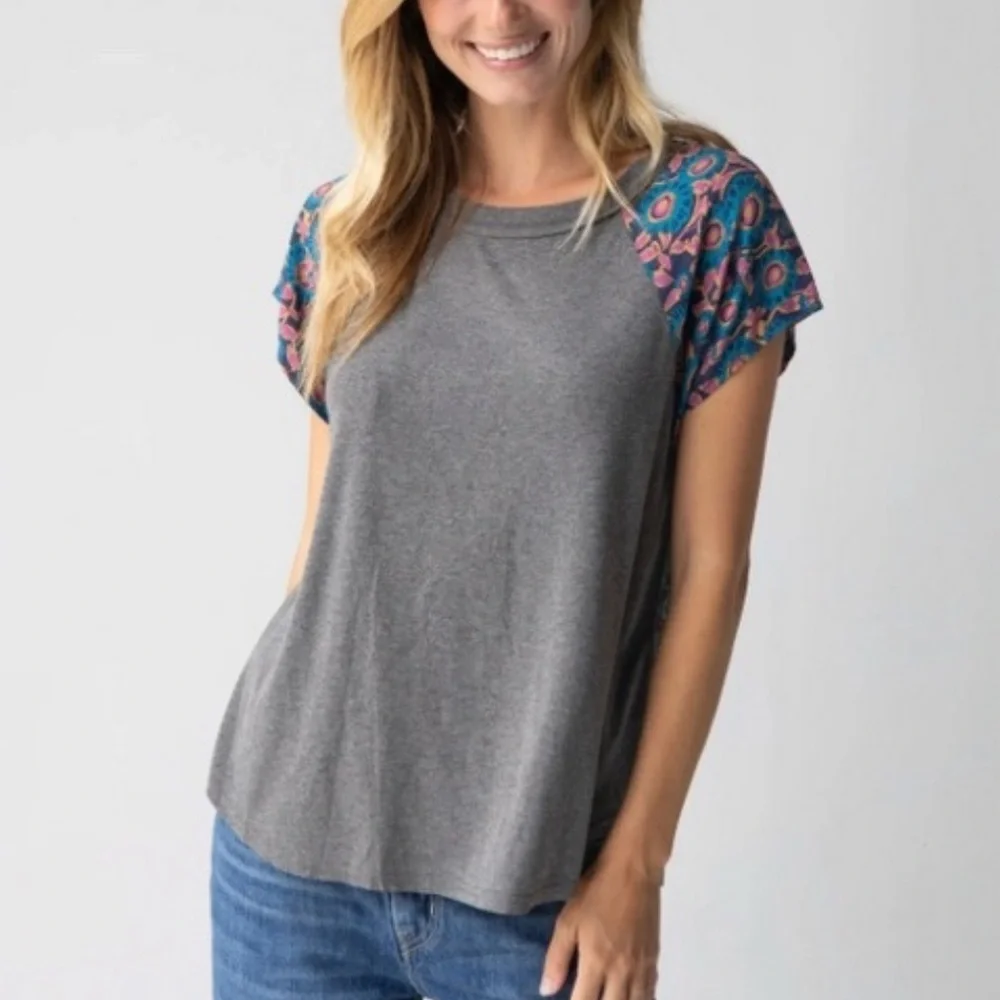 NATURAL LIFE Teal Floral Cap-Sleeve Blouse with Pink & Purple Accents - Picture 2 of 10